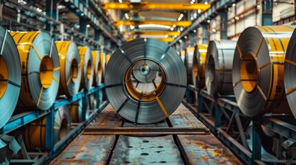 Industrial steel coils in a factory metallic symmetry