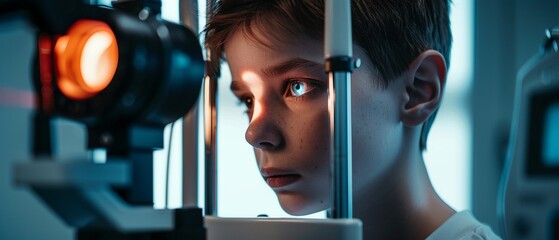 Kid during eye exam focused on equipment