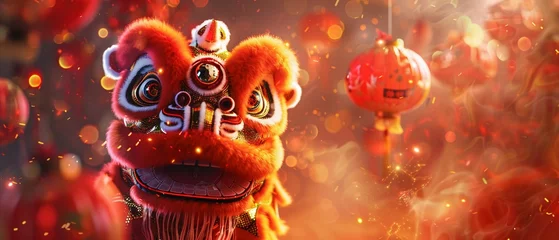 Deurstickers Lunar New Year lion dance figure vibrant reds © Creative_Bringer
