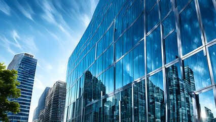 Glass curtain wall of urban financial district building, commercial center, background image with a sense of technology - obrazy, fototapety, plakaty