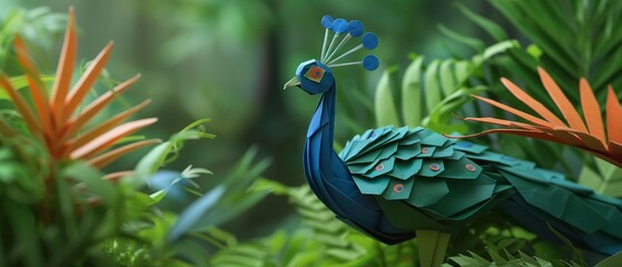 Fototapeta premium Origami peacock in jungle lush green foliage