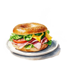 白い画用紙に描いたハムと野菜とチーズのベーグルサンドイッチのイラスト 