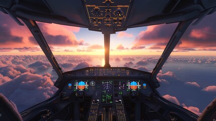 Cockpit view at sunrise, pilots at the helm, adventure awaits