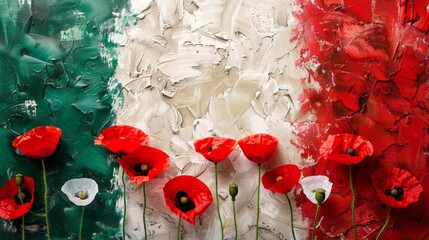 Naklejka premium Red poppy flowers on background with Italy flag. Liberation day holiday. Festa della liberazione