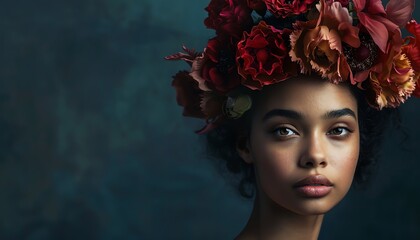 Model with flower headpiece, moody lighting, portrait shot