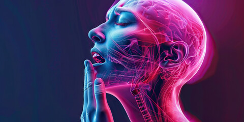 TMJ Tension: The Jaw Pain and Limited Mouth Movement - Visualize a person with their hand on their jaw, grimacing in pain, with restricted movement lines around their mouth, showing the jaw pain - obrazy, fototapety, plakaty