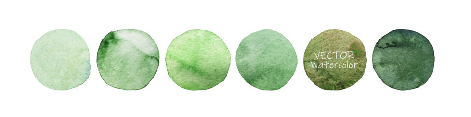 Set of green watercolor dots. Hand painted Spots on white background. Round, circle. Isolated. Blobs of different green color. Abstract artistic backgrounds. Watercolor palette with pastel colors.
