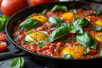 Skillet Filled With Tomato Sauce and Eggs. Generative AI