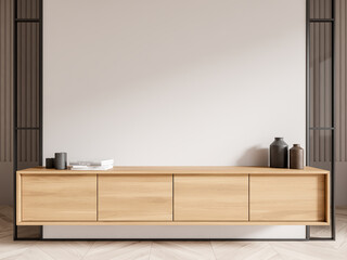 A modern wooden sideboard with decorative items in a room with a blank beige wall, concept of minimalist interior design. 3D Rendering - 790113620