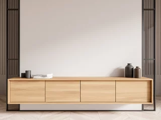  A modern wooden sideboard with decorative items in a room with a blank beige wall, concept of minimalist interior design. 3D Rendering © ImageFlow