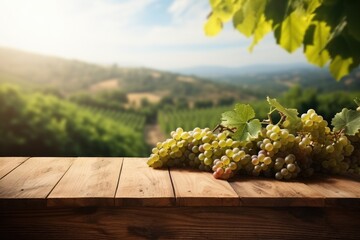 Empty wooden table top with grape and blurred background with field of vineyard. Mock up for wine product display.