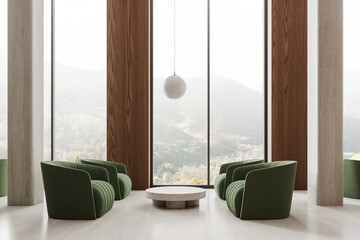 Stylish lobby interior with soft place and coffee table, panoramic window - obrazy, fototapety, plakaty