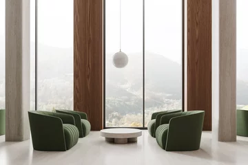 Rolgordijnen Stylish lobby interior with soft place and coffee table, panoramic window © ImageFlow