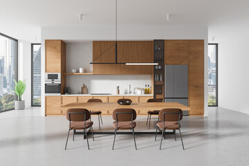 Modern kitchen interior with dining area, wooden finishes, and city view background, showcasing contemporary design. 3D Rendering