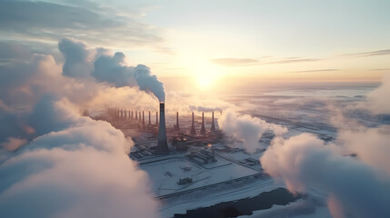 Smoke rises from the chimney of a factory - obrazy, fototapety, plakaty