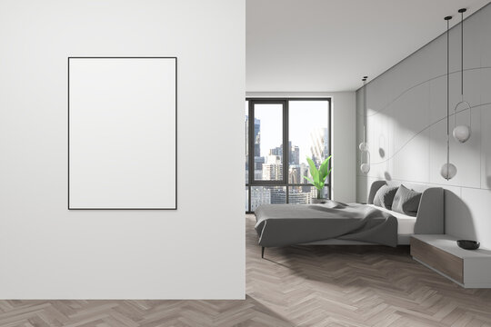 Cozy bedroom interior with bed, nightstand and panoramic window. Mockup frame