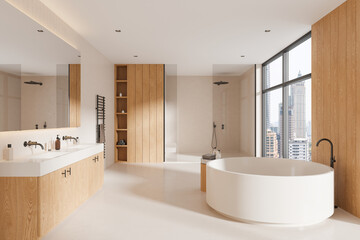 Beige hotel bathroom interior with double sink, tub and shower. Panoramic window