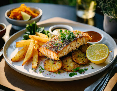 Sumptuous Grilled Fish and Chips Served on a Sunny Outdoor Patio Table