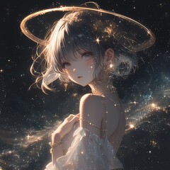 A celestial anime girl model with a halo of stars and a serene, ethereal presence, embodying the beauty and wonder of the cosmos.