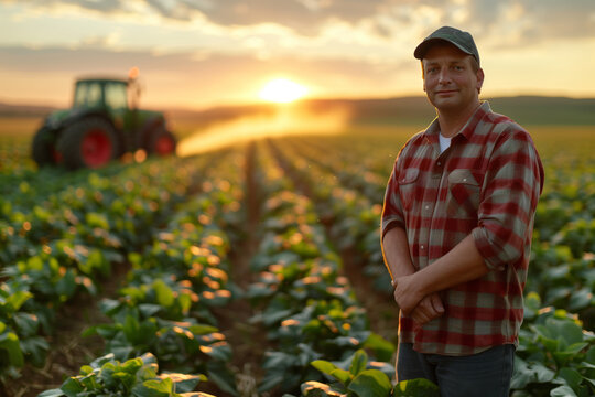A farmer stands in the middle of a field at sunset, his tractor is visible in the distance