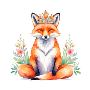 Fox wearing a crow and mediating while sitting in lotus position in wildflowers meadow watercolor illustration clipart, nature, wild animal
