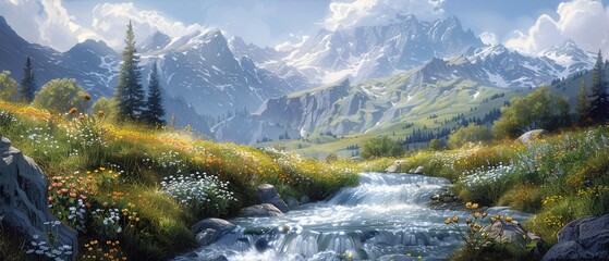A cascading mountain stream bordered by wildflowers, capturing the dynamic flow of water amidst the static beauty of alpine flora