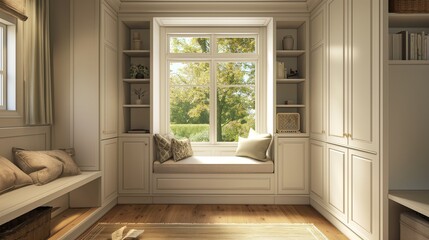 A cozy corner nook with a built-in window seat and custom storage