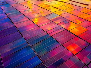 Aerial view of a vast solar panel farm at sunrise, clean energy production, sustainable and renewable power source, vibrant colors reflecting on panels