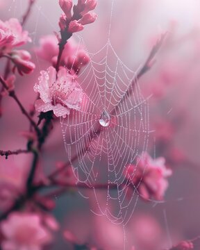 Ethereal macro shot of a water droplet suspended on a delicate spider web among flowering plants, blending art with nature in magazine style