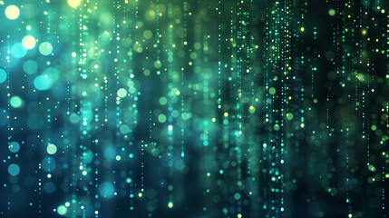 This image is a digital abstract background with a defocused bokeh effect featuring cascading particles in shades of blue and green, creating a serene and futuristic ambiance.
