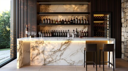 Fototapeta na wymiar A sleek and stylish home bar with marble countertops and a wine fridge