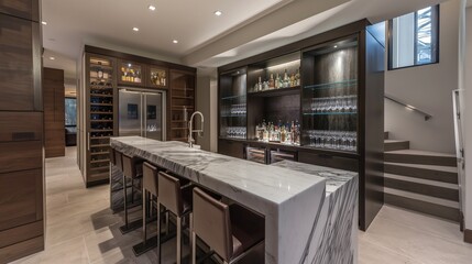 A sleek and stylish home bar with marble countertops and a wine fridge