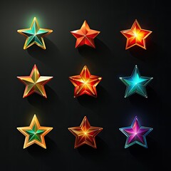 Fototapeta premium Stars icons. Collection of stylized multi-colored star icons, labels, badges, illustrations. Shiny stars pattern. Jewelry, set of shiny stars art. Christmas stars print. New Year pattern background.