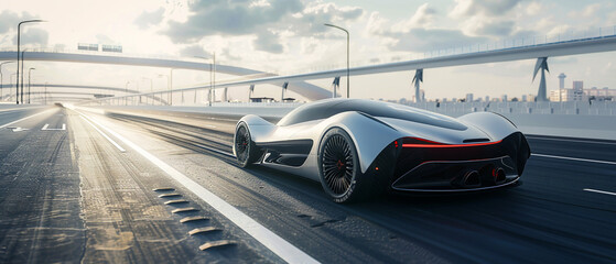 Sleek silver concept car speeds down deserted highway with futuristic cityscape in the distance.