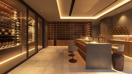 A sophisticated wine cellar with climate-controlled storage and tasting area