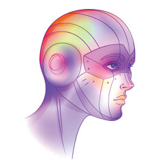 Portrait of robot android woman in retro futurism style. Vector illustration . of a cyborg in glowing neon bright colors. futuristic synth wave flyer template. Cyber technology.