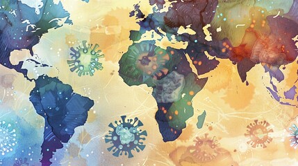 Artistic Watercolor World Map with Viruses