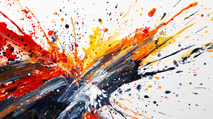 Bold splashes of paint exploding against a stark white canvas, creating a dramatic and dynamic abstract expression.
