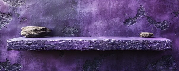 Empty shelf on a dark lilac purple concrete wall. 