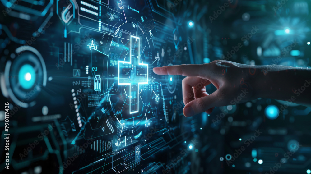 Poster hand interacts with an advanced healthcare holographic display with dynamic medical data
