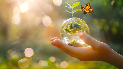 Earth crystal glass globe ball and growing tree in hand, generative ai