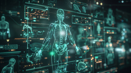 Advanced, glowing digital interface displaying a detailed human skeleton for healthcare analysis