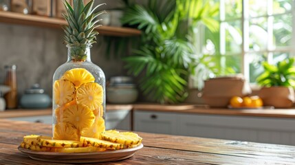 tropical pineapple slices in a clear glass bottle, adding a touch of freshness to a kitchen background - obrazy, fototapety, plakaty