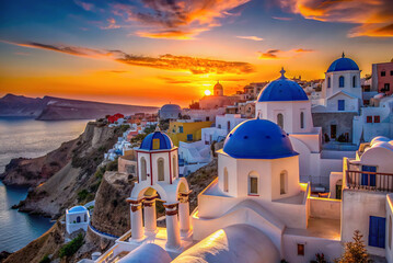"Sunset over Santorini": A breathtaking view of the iconic white buildings and blue domes against a vibrant sunset backdrop in Santorini, Greece.
 - Powered by Adobe