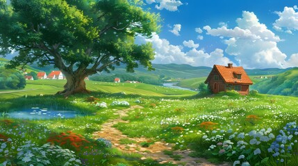 Peaceful countryside view with a quaint wooden house surrounded by green plants under a bright blue sky