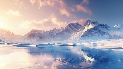 A breathtaking panorama of snow-covered mountain ranges stretching into the distance bathed in soft golden sunlight and reflected in a tranquil alpine lake isolated on a transparent background