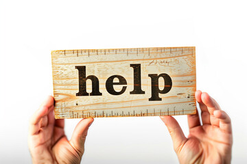 closeup hand-held sign with the word "help" displayed prominently, against a clean white background, illustrating the power of communication and solidarity in addressing challenges