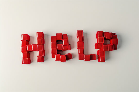 the word "help" constructed from red cubes arranged in a minimalist design with white font, against a pristine white background, highlighting the clarity and simplicity of the mess