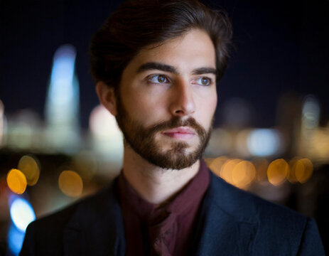 Night Portrait of a Bearded Young Man With City Lights in the Background