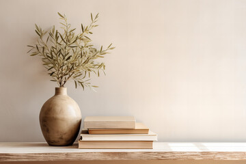 neutral mediterranean home design textured vase with olive tree branches cup of coffee books on wooden table living room still life empty wall copy space modern interior no people lateral view - obrazy, fototapety, plakaty